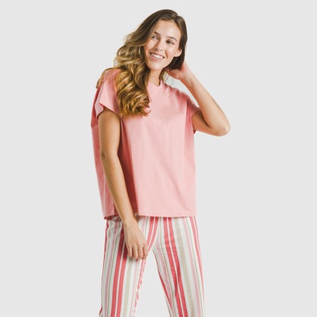 Pijama largo algodón mujer manga fluida Raya Calendula marsala pijamas-largos-de-mujer