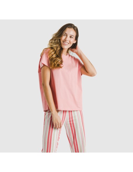 Pijama largo algodón mujer manga fluida Raya Calendula marsala pijamas-largos-de-mujer