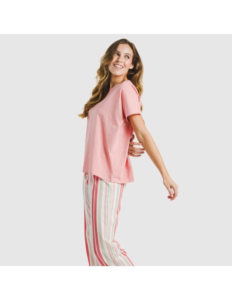 Pijama largo algodón mujer manga fluida Raya Calendula marsala pijamas-largos-de-mujer