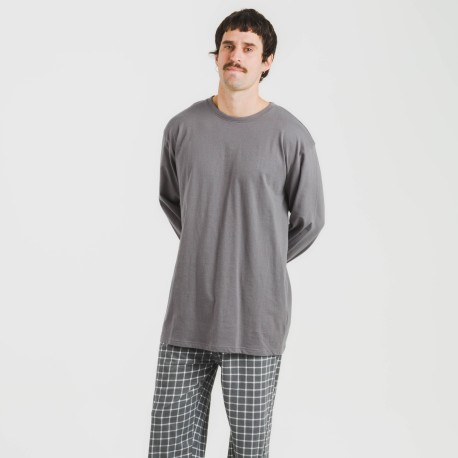 Pijama largo algodón hombre Cuadro Roberto gris pijamas-largos-hombre