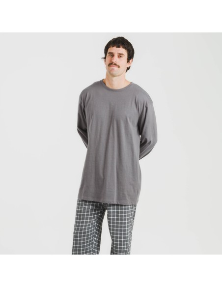 Pijama largo algodón hombre Cuadro Roberto gris pijamas-largos-hombre