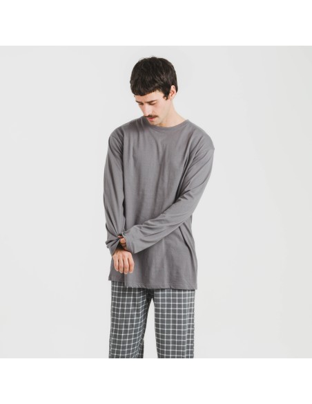 Pijama largo algodón hombre Cuadro Roberto gris pijamas-largos-hombre