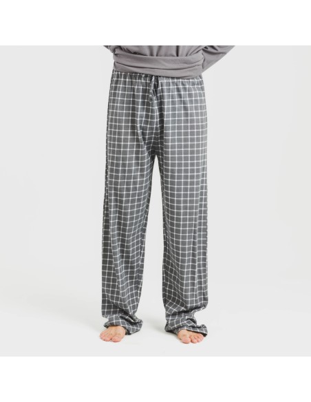 Pijama largo algodón hombre Cuadro Roberto gris pijamas-largos-hombre