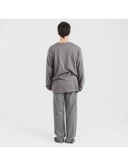 Pijama largo algodón hombre Cuadro Roberto gris pijamas-largos-hombre