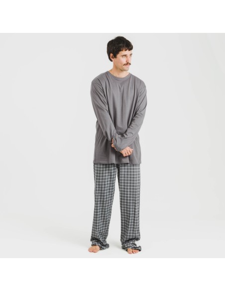 Pijama largo algodón hombre Cuadro Roberto gris pijamas-largos-hombre