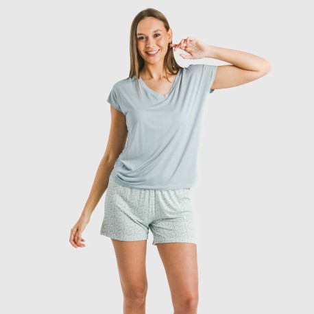 Pijama corto manga fluida viscosa mujer Cris celeste pijamas-cortos-mujer