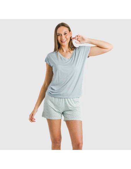Pijama corto manga fluida viscosa mujer Cris celeste pijamas-cortos-mujer