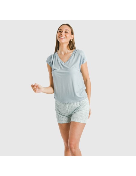 Pijama corto manga fluida viscosa mujer Cris celeste pijamas-cortos-mujer
