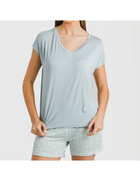 Pijama corto manga fluida viscosa mujer Cris celeste pijamas-cortos-mujer