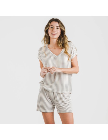 Pijama corto manga fluida viscosa mujer Raya Kodac gris perla pijamas-cortos-mujer