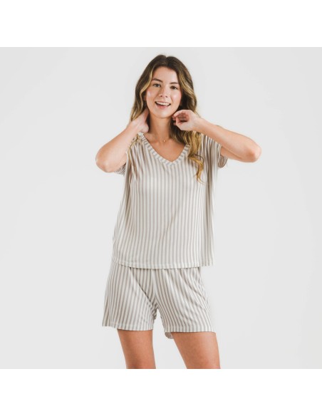 Pijama corto manga fluida viscosa mujer Raya Kodac gris perla pijamas-cortos-mujer