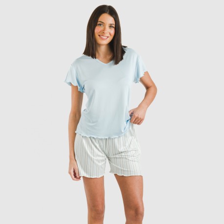 Pijama corto mujer manga fluida soft Raya Bill celeste pijamas-cortos-mujer
