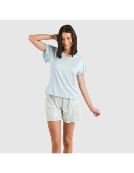 Pijama corto mujer manga fluida soft Raya Bill celeste pijamas-cortos-mujer