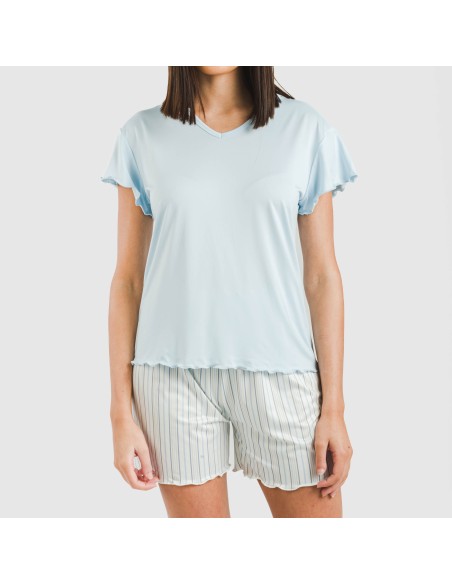 Pijama corto mujer manga fluida soft Raya Bill celeste pijamas-cortos-mujer