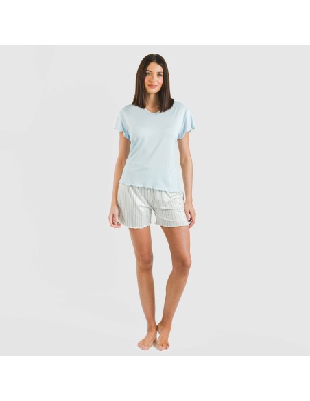 Pijama corto mujer manga fluida soft Raya Bill celeste pijamas-cortos-mujer