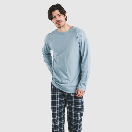 Pijama largo algodón hombre Cuadro Brais celeste pijamas-largos-hombre