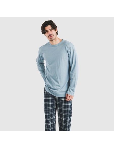 Pijama largo algodón hombre Cuadro Brais celeste pijamas-largos-hombre