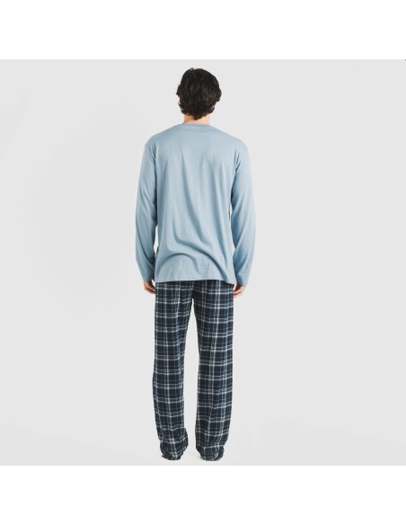 Pijama largo algodón hombre Cuadro Brais celeste pijamas-largos-hombre