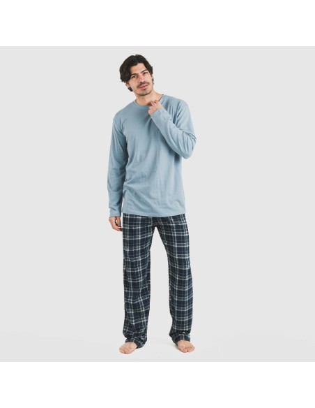 Pijama largo algodón hombre Cuadro Brais celeste pijamas-largos-hombre