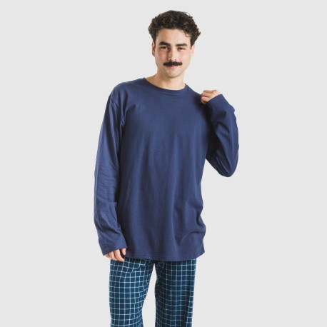 Pijama largo algodón hombre Cuadro Edesia azul pijamas-largos-hombre