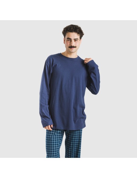 Pijama largo algodón hombre Cuadro Edesia azul pijamas-largos-hombre