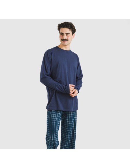 Pijama largo algodón hombre Cuadro Edesia azul pijamas-largos-hombre