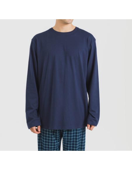 Pijama largo algodón hombre Cuadro Edesia azul pijamas-largos-hombre