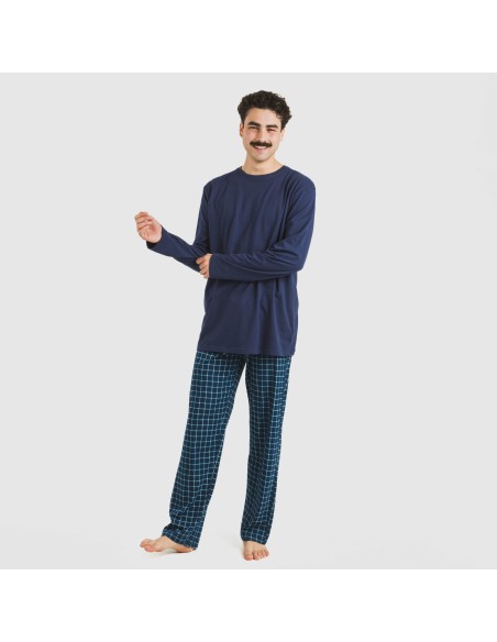 Pijama largo algodón hombre Cuadro Edesia azul pijamas-largos-hombre