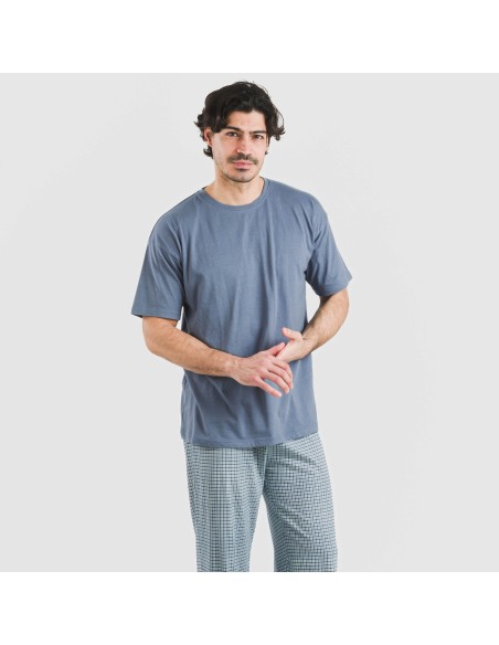 Pijama largo manga corta algodón hombre Cuadro Kike azul pijamas-largos-hombre