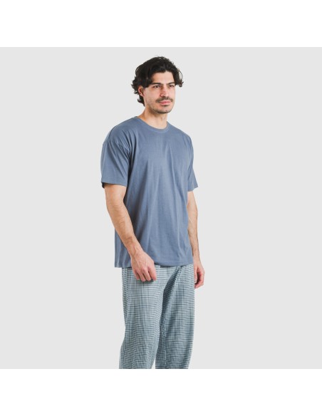 Pijama largo manga corta algodón hombre Cuadro Kike azul pijamas-largos-hombre