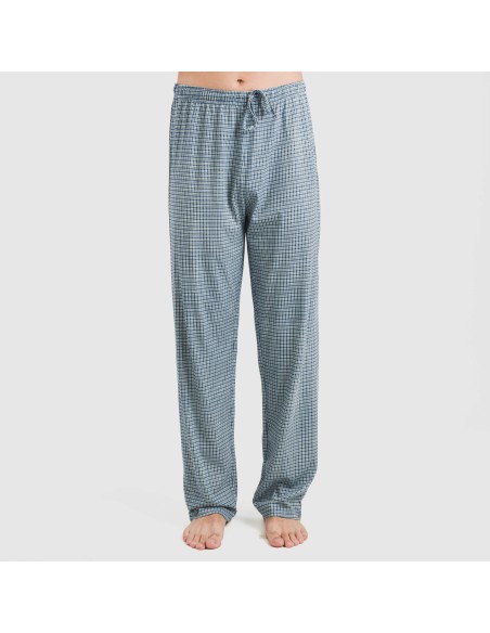 Pijama largo manga corta algodón hombre Cuadro Kike azul pijamas-largos-hombre