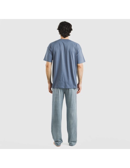 Pijama largo manga corta algodón hombre Cuadro Kike azul pijamas-largos-hombre