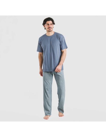 Pijama largo manga corta algodón hombre Cuadro Kike azul pijamas-largos-hombre