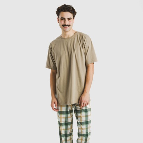 Pijama largo manga corta algodón hombre Cuadro Noric arena pijamas-largos-hombre