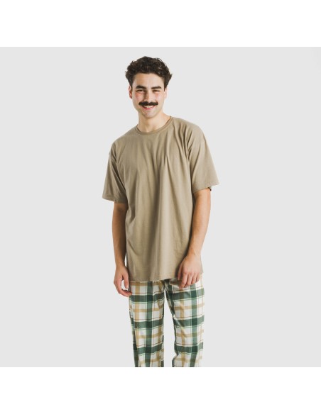 Pijama largo manga corta algodón hombre Cuadro Noric arena pijamas-largos-hombre