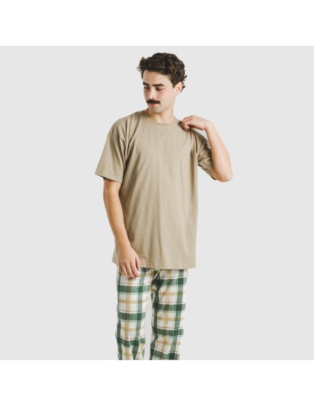 Pijama largo manga corta algodón hombre Cuadro Noric arena pijamas-largos-hombre