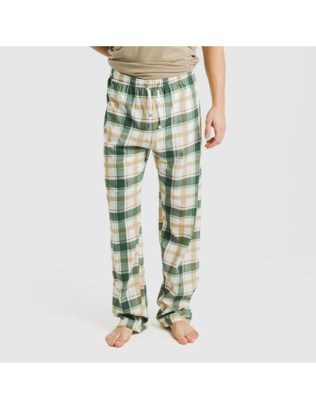 Pijama largo manga corta algodón hombre Cuadro Noric arena pijamas-largos-hombre