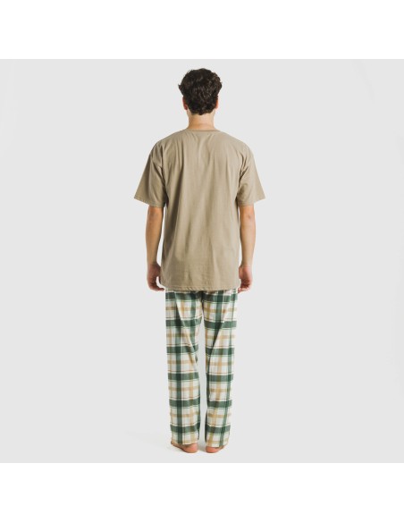 Pijama largo manga corta algodón hombre Cuadro Noric arena pijamas-largos-hombre