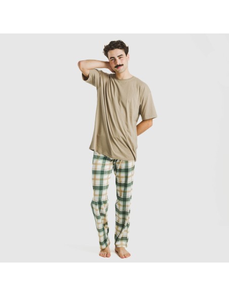 Pijama largo manga corta algodón hombre Cuadro Noric arena pijamas-largos-hombre