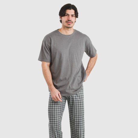 Pijama largo manga corta algodón hombre Cuadro Roberto gris pijamas-largos-hombre