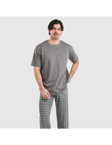 Pijama largo manga corta algodón hombre Cuadro Roberto gris pijamas-largos-hombre