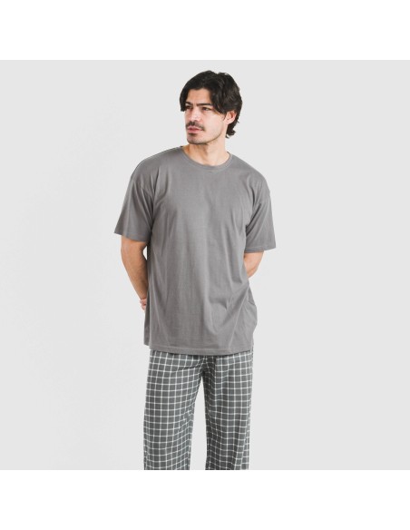 Pijama largo manga corta algodón hombre Cuadro Roberto gris pijamas-largos-hombre