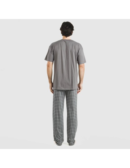 Pijama largo manga corta algodón hombre Cuadro Roberto gris pijamas-largos-hombre