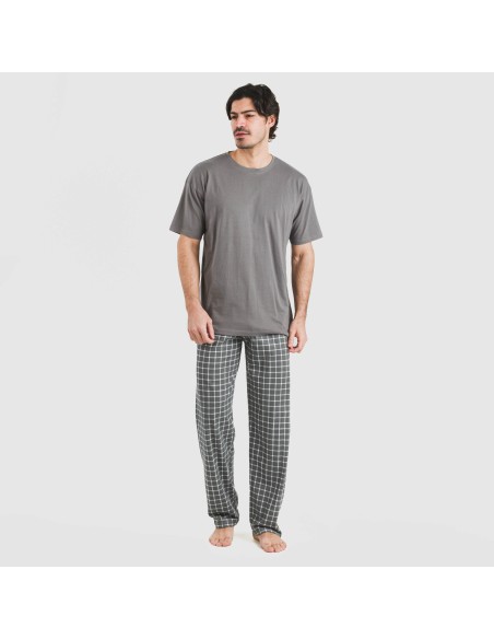 Pijama largo manga corta algodón hombre Cuadro Roberto gris pijamas-largos-hombre