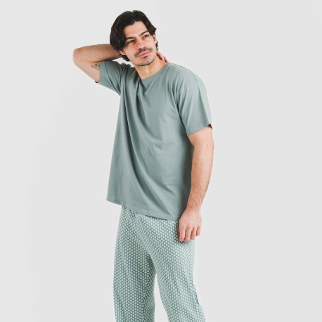 Pijama largo manga corta algodón hombre Sassy verde azulado pijamas-largos-hombre