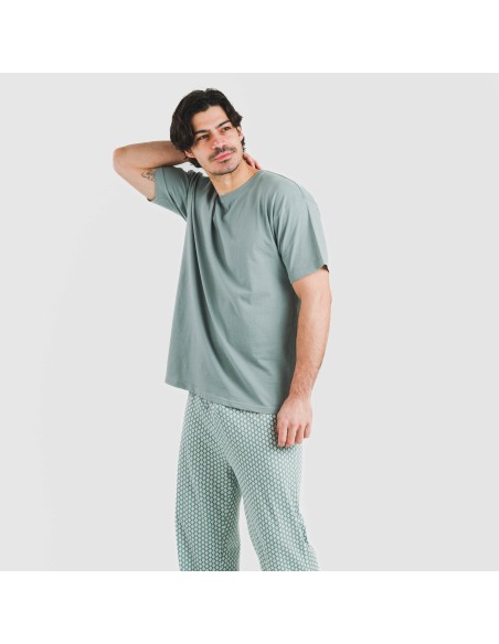 Pijama largo manga corta algodón hombre Sassy verde azulado pijamas-largos-hombre