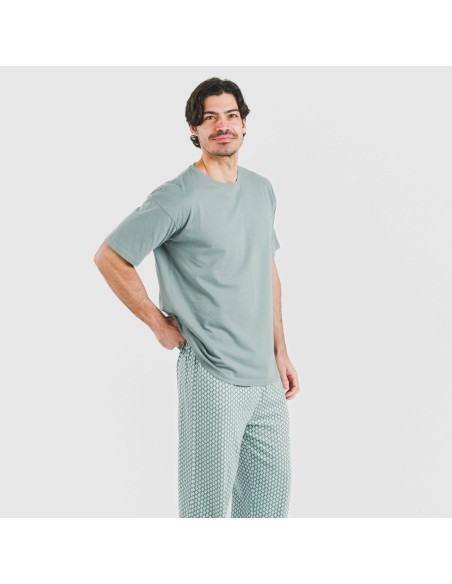 Pijama largo manga corta algodón hombre Sassy verde azulado pijamas-largos-hombre