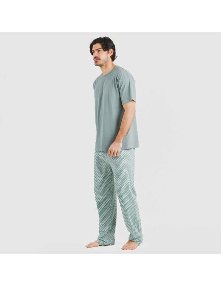 Pijama largo manga corta algodón hombre Sassy verde azulado pijamas-largos-hombre