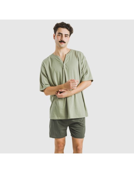 Pijama corto hombre con botones verde claro - verde oscuro pijamas-cortos-hombre