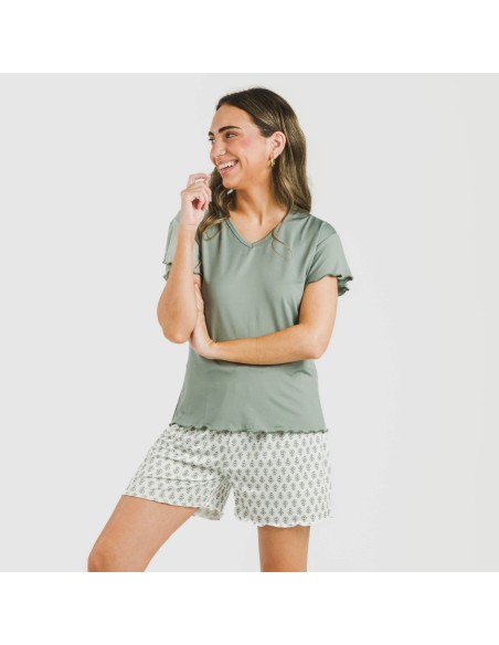 Pijama corto mujer manga fluida soft Remo verde pijamas-cortos-mujer